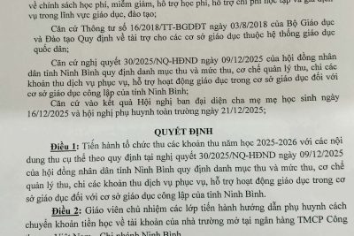 Quyết định về việc công khai các khoản thu dịch vụ trong năm học 2025-2026